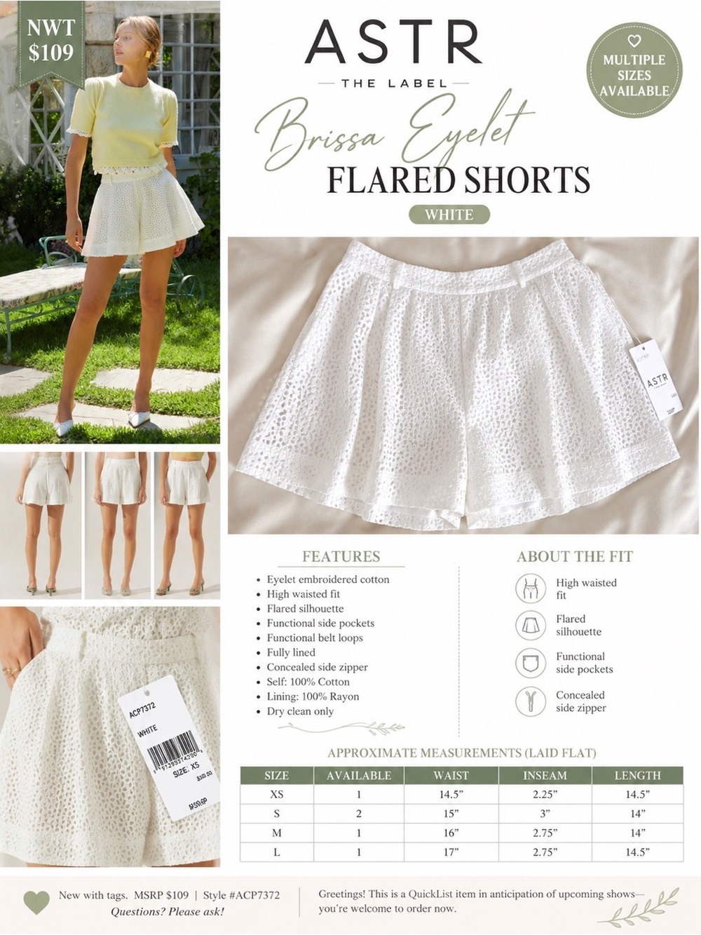 NWT $109 ASTR The Label Brissa Eyelet Flared Shorts White XS/S/M/L